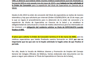 Información Orden de Concesión Expedición Título Especialista