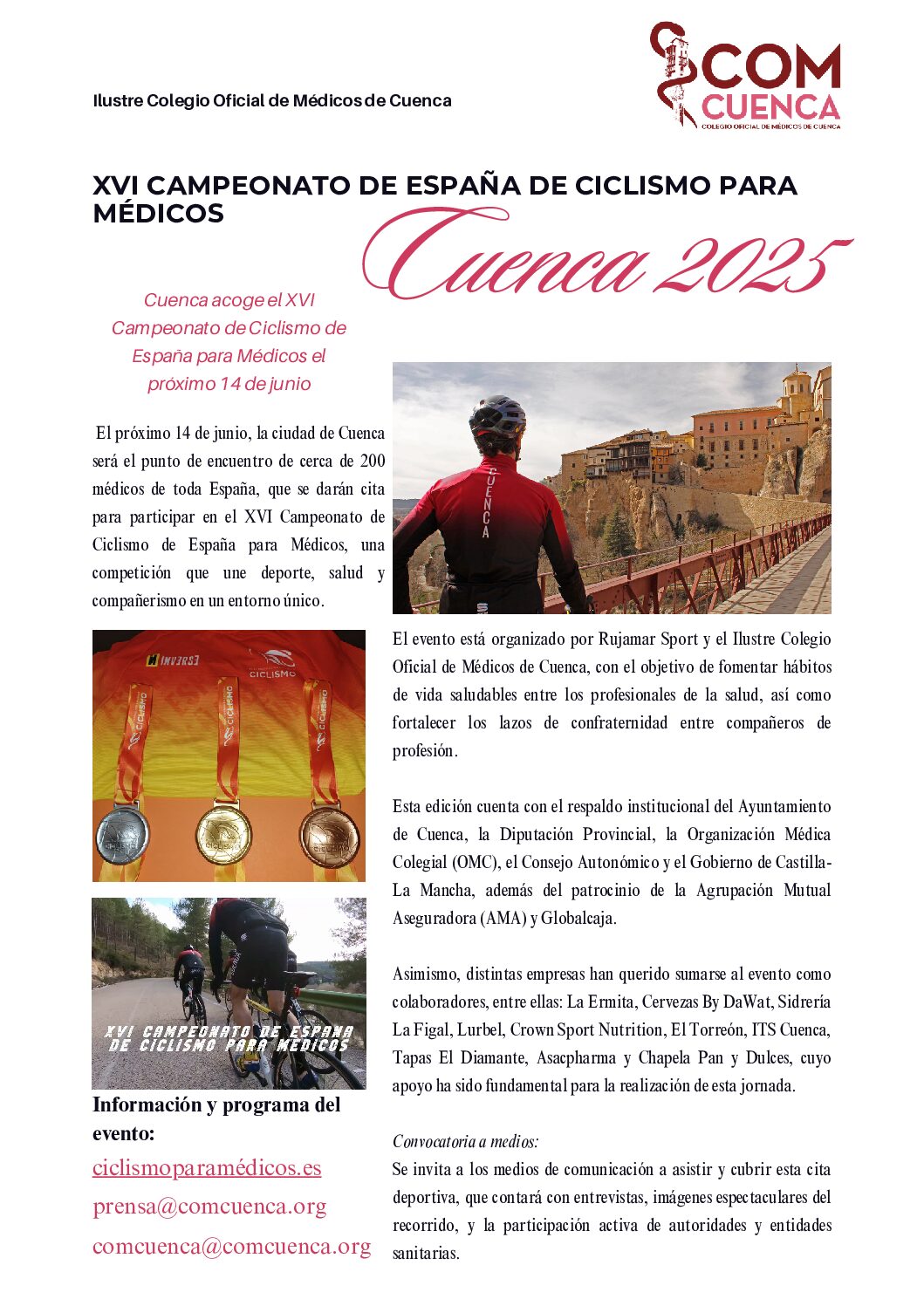 CONVOCATORIA A PRENSA PARA EL XVI CAMPEONATO DE ESPAÑA DE CICLISMO PARA MÉDICOS